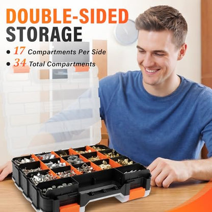DIYSELF Tool Box Double-Sided, 34-Compartment Tool Organizer, Small Parts Organizer with Adjustable Space, Clear-Lid Small Storage Box for Hardware, Crafts, Beads, Jewelry and Fishing Accessories