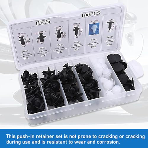 100 PCS Car Buckle Combination Set, PA66 Injection Molded Bumper Push Fastener Rivet Clamp Expansion Screw, Universal Fastening Screw Replacement Kit, Suitable for Most Models (Black & White)