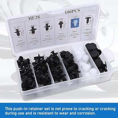 100 PCS Car Buckle Combination Set, PA66 Injection Molded Bumper Push Fastener Rivet Clamp Expansion Screw, Universal Fastening Screw Replacement Kit, Suitable for Most Models (Black & White)