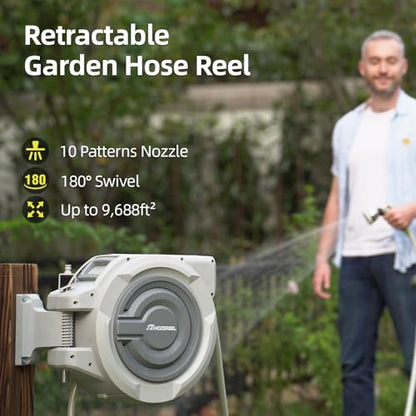 5/8" x 110 FT Retractable Garden Hose Reel by HOZEREEL, UV Resistant Hose Reels - Automatic Slow Self Retract Wall Mount Hose Reel Enclosed Storage, Any Length Lock 180° Swivel, 10 Pattern Nozzle