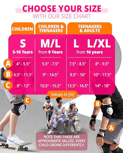 SKATEWIZ Skateboard Pads Protective Gear Set for Kids and Adults - Smash - Roller Skate Pads [6pc] with Wrist Guards - Skating Protective Gear - Roller Derby - color: Pink White, size: L - Teens/Adults