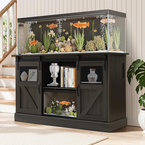 55-75 Gallon Large Fish Tank Stand with Power Outlet, Heavy Duty Aquarium Stand with Sliding Barn Doors, Turtle Reptile Terrarium Stand with Cabinet for Accessories Storage, 1300LBS (Gray)