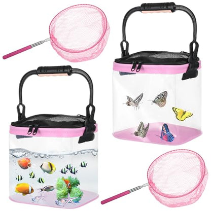 2 Sets Catch Plastic Beach Aquarium Kit, Release Aquarium Box for Beach with Retractable Net Bag and Transparent Portable Handheld（Pink）