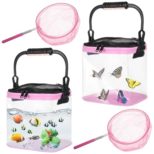 2 Sets Catch Plastic Beach Aquarium Kit, Release Aquarium Box for Beach with Retractable Net Bag and Transparent Portable Handheld（Pink）