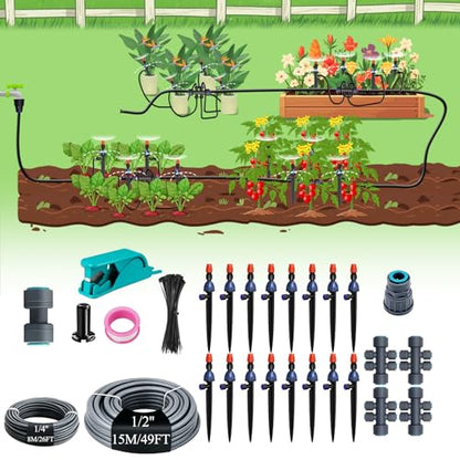 MYMULIKE Drip Irrigation System, 1/2" Main Pipe & 1/4" Branch Pipe, Adjustable Drip Emitters, Automatic Irrigation Kit Garden Watering System for Flower Bed, Raised Beds, Lawn, Greenhouses - size: 75FT