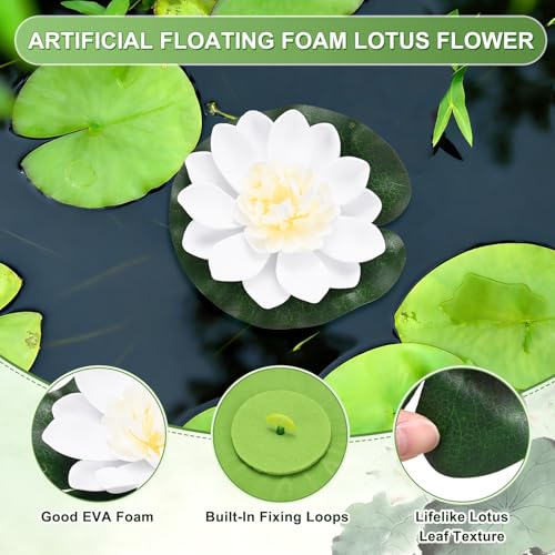 M METERXITY 1-Set Artificial Floating Foam Lotus Flower with Water Lily Pad, 4 Inch Fake Lotus Flowers Water Lilies for Pool/Fountain/Garden Decor, Pond Plants Ornaments [White]