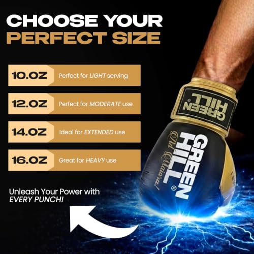 Green Hill Legend Leather Boxing Gloves for Men & Women - color: Black/Golden, size: 16 Oz