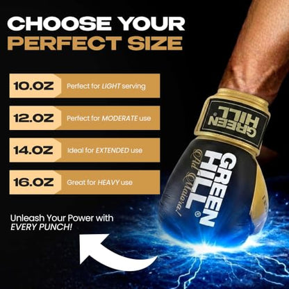 Green Hill Legend Leather Boxing Gloves for Men & Women - color: Black/Golden, size: 16 Oz