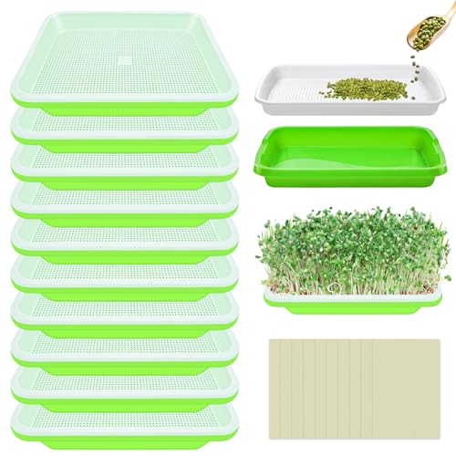 10 Pack Green Seed Sprouter Trays- Soil-Free Cultivation Germination Tray, BPA Free Nursery Tray with Planting Paper for Indoors or Outdoors Sprouting Seeds, Grow Grass, Beans (Without Lids) - color: 10 Packs Without Lids