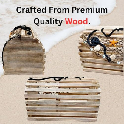 Decorative Lobster Trap Nautical Coastal Decor – Distressed Wood with Fishnet, Seashells, Crab & Starfish Accents – Perfect Beach House, Boat Decoration – Unique Ocean-Themed Gift for Sea Lovers