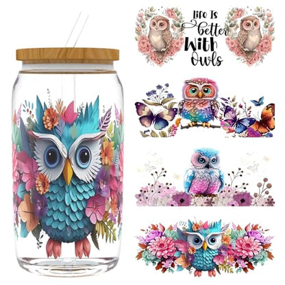 UV DTF Cup Wrap Transfer Stickers, 4 Sheets Owl Rub On Transfers for Tumblers Water Bottles Glass Cups Mugs Ceramics - style: Owl