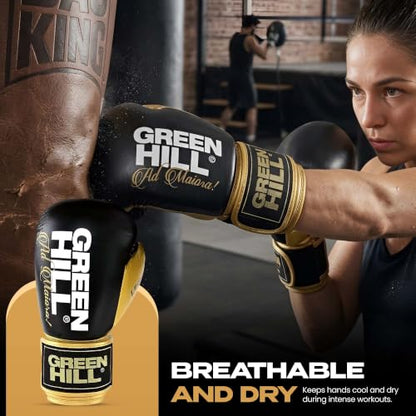 Green Hill Legend Leather Boxing Gloves for Men & Women - color: Black/Golden, size: 16 Oz