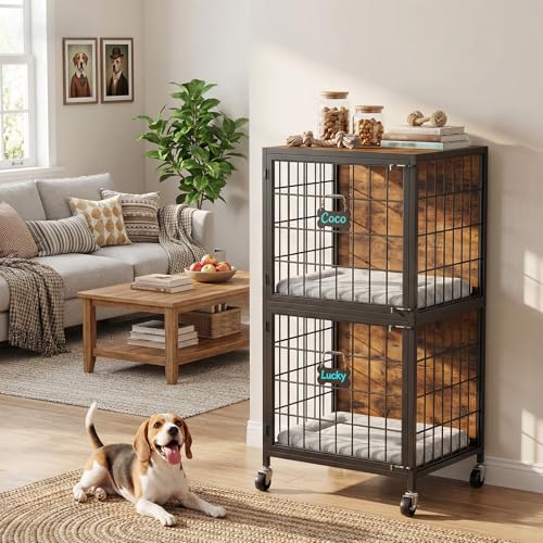 MAHANCRIS Fish Tank Stand and Dog Crate Furniture Bundle, 20 Gallon Aquarium Stand with 2-Tier Storage Shelves, 48.8" Tall Double Dog Kennel Furniture for 2 Dogs, for Home Office, FTHR2001-DCHR5401