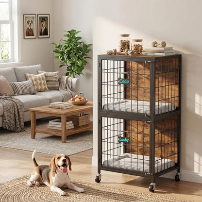 MAHANCRIS Fish Tank Stand and Dog Crate Furniture Bundle, 20 Gallon Aquarium Stand with 2-Tier Storage Shelves, 48.8" Tall Double Dog Kennel Furniture for 2 Dogs, for Home Office, FTHR2001-DCHR5401