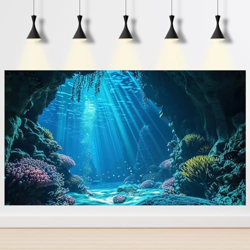 Under The Sea Aquarium Background Underwater Grotto with Soft Corals Reefs Fish Tank Background Blue Ocean Tropical Cave Sunlight Rays Deep Sea Fish Tank Backgrounds Aquarium Wallpaper 24x12in