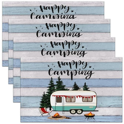 Feelyou Camper Placemats Set of 4 Happy Camping Table Mats Cartoon Camping Car Place Mat for Kitchen Dining Table Party Decor Indoor Outdoor 18"x12" Non-Slip Easy to Clean RV Camping