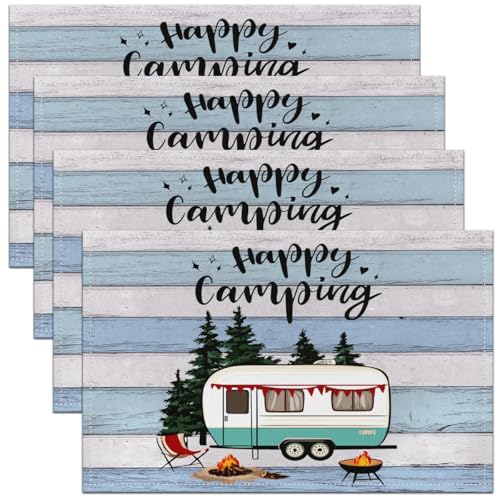 Feelyou Camper Placemats Set of 4 Happy Camping Table Mats Cartoon Camping Car Place Mat for Kitchen Dining Table Party Decor Indoor Outdoor 18"x12" Non-Slip Easy to Clean RV Camping