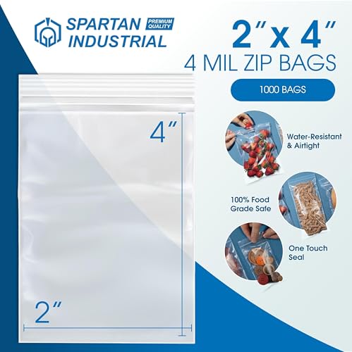 Spartan Industrial - 2" X 4" Heavy-Duty Small Zip Bags (1000 Count) - 4 Mil Plastic Bags for Jewelry, Pills, Small Parts - size: 2" X 4"