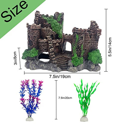 Aquarium Resin Castle Decoration,Ancient Design Fish Tank Ornaments Betta Hideout Stone Cave Accessories for Shrimp Turtle Guppy Crabs (3Pcs)