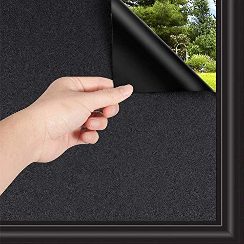 Total Blackout Window Film 100% Light Blocking Non Adhesive No Residue Removable Opaque Static Cling Privacy Glass Tint for Home Bedroom Darkening Heat Control (17.5 in x 13.1 Ft) - color: Black, size: 17.5 Inch x 13.1 Feet