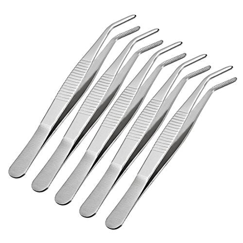 uxcell 5 Pcs 5-Inch Stainless Steel Tweezers with Curved Serrated Tip