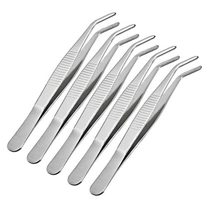 uxcell 5 Pcs 5-Inch Stainless Steel Tweezers with Curved Serrated Tip