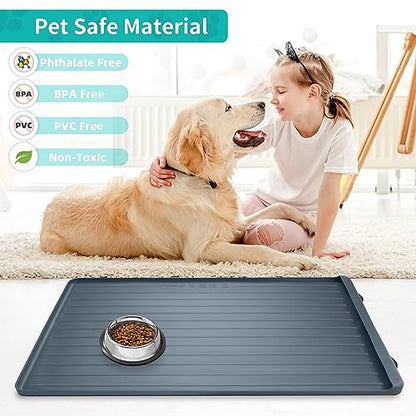 Dog Mat for Food and Water - 39.4" x 27" Large Pet Feeding Mats with Residue Collection Pocket - Waterproof Dog Cat Bowl Mat with High Edges to Prevent Water and Food Spills (Dark Grey) - color: Dark Grey