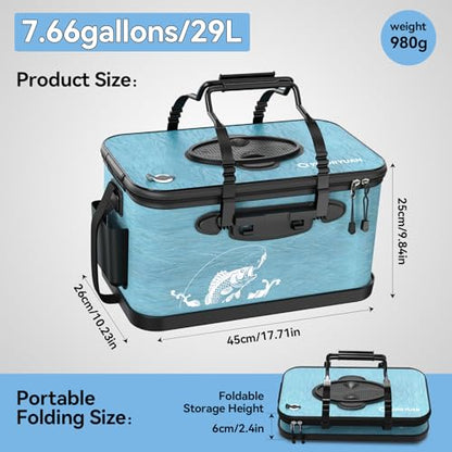 Fishing Bucket Foldable， 6Gallon/8Gallon/10Gallon,Live Fish Container Multi-Functional Live Fish Bait Bucket,for Fishing, Camping, Moving - color: Blue