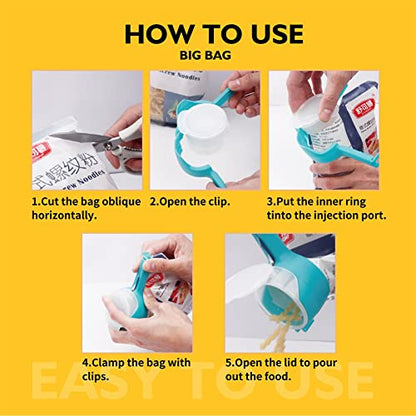 4Pcs Bag Clip with Pour Spout,Bag Clips for Food Storage Sealing Clips,Bag Spout Clips,Seal and Pour Bag Clip,Reusable Plastic Cap Sealer Clips for Food Liquid Snack