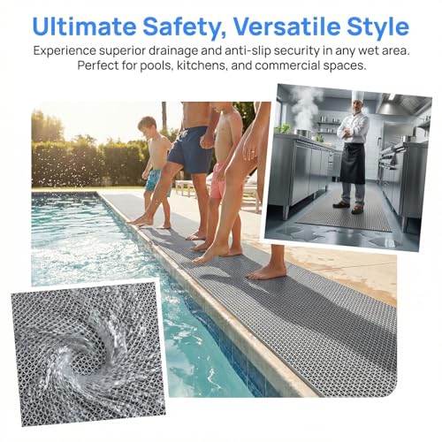 WLWLEO Drainage Non Slip Floor Mats for Pool Restroom Basement Garage Restaurant Sauna SPA Indoor Outside Wet Area, Heavy Duty PVC Water Drain Anti Slip Commercial Flooring Mat,Gray/Grey,0.9×5M