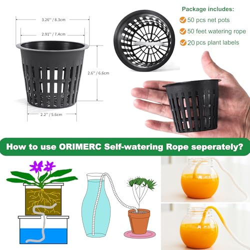 3 inch Net Pots for Hydroponics, 50 Pack Net Cups with Self Watering Rope & Plant Labels, Nursery Pots for Kratky Aquarium Plant, Hydroponic Baskets Garden Vegetables Growing