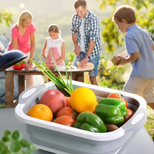Camping Collapsible Cutting Board Dish Basin BBQ Prep Tub Camp Sink Dish Washing Station Multifunctional Storage Basket(Grey green) - color: Grey Green
