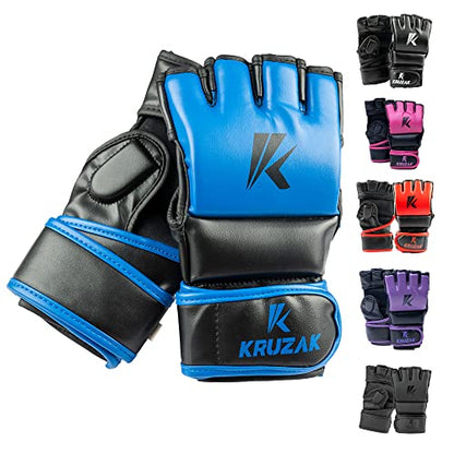 Kruzak MMA Gloves, Half-Finger Boxing Mitts with Hand Wraps - color: Blue, size: Large-X-Large