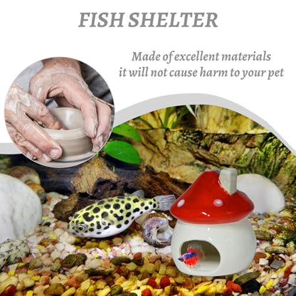 AnRui Aquarium Decoration Ceramic Fish Tank Hideout Cave Cute Mushroom Aquarium Décor Thematic Ornaments for Cichlid, Small Fish, Shrimp to Play Hide Breed Habitat, Red
