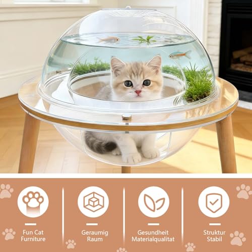 Large 2-in-1 Cat Cave & Fish Tank, 360° Immersive Cat TV House with Internal Observation Tunnel, Heavy-Duty Plywood Base & 4mm Thick Acrylic, Modern Pet Enrichment Furniture for Indoor Cats