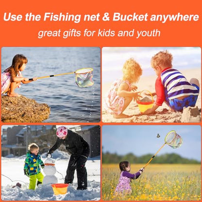 Kids Fishing Net, 2 Pack Telescopic Landing Nets with Aluminum Pole Handle, Collapsible Bucket Sand Pail, Butterfly Net, Fishing Net for Youth, Outdoor Playing - color: Blue and Orange