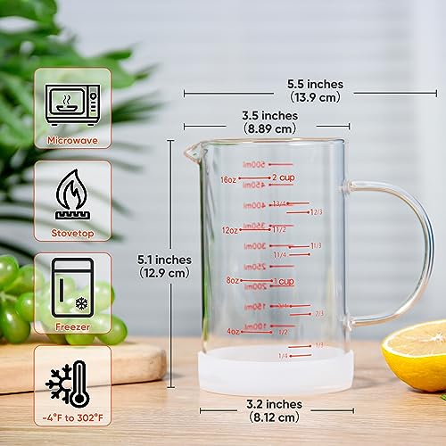 2 Cup Glass Measuring Cup with Handle, 77L High Borosilicate Glass Measuring Cup with V-Shaped and Three Scales (Cup, OZ, ML), Glass Liquid Beaker with Silicone Base, Double-Sided Measure Scales - size: 2 Cup, 500ML