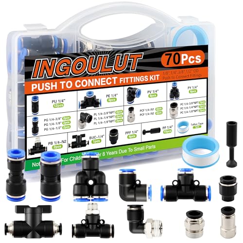 70 PCS Push to Connect Fitting 1/4 Inch Complete Assortment Kit NPT Thread Air Line Fitting OD 1/4" to 1/4" 1/2" 3/8" 1/8", Quick Connect Quick Release Air Hose Fitting - size: 70pcs kit