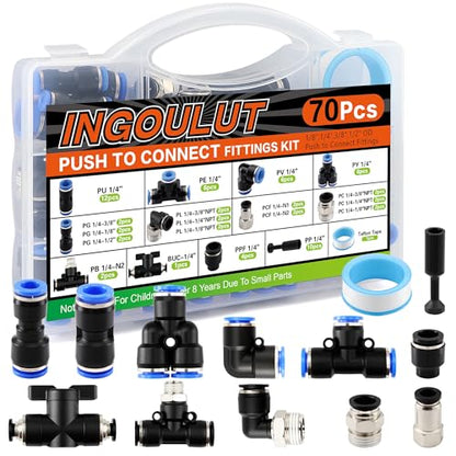 70 PCS Push to Connect Fitting 1/4 Inch Complete Assortment Kit NPT Thread Air Line Fitting OD 1/4" to 1/4" 1/2" 3/8" 1/8", Quick Connect Quick Release Air Hose Fitting - size: 70pcs kit