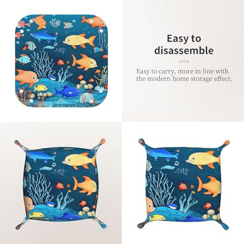Medium Blue Underwater World of Fish Leather Storage Tray - Double Sided PVC Tray Organizer for Keys, Jewelry, Desk & Vanity with Snap Closure