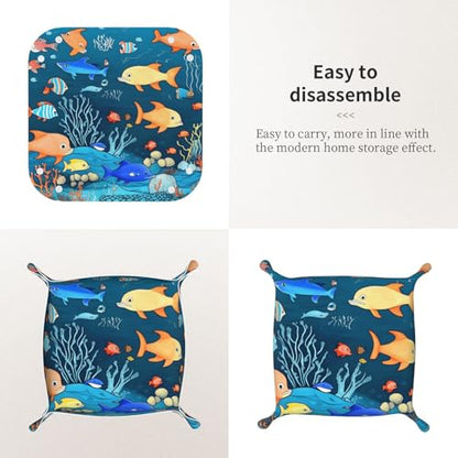 Medium Blue Underwater World of Fish Leather Storage Tray - Double Sided PVC Tray Organizer for Keys, Jewelry, Desk & Vanity with Snap Closure