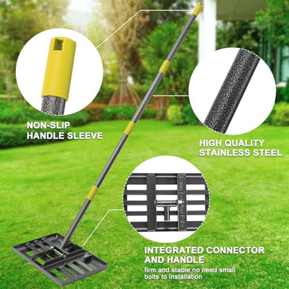 FLY HAWK Lawn Leveling Rake | Levelawn Tool | Level Soil or Dirt Ground Surfaces Easily | 18” x 10” Ground Plate | rakes for lawns Heavy Duty 72” Extra Long Handle | Extracted Iron Metal Black