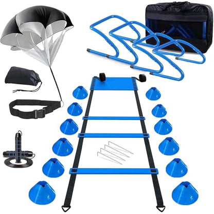 Agility Ladder Training Set, 20ft Speed Ladder with 4 Hurdles, Jump Rope, 12 Soccer Cones & Running Parachute, All-in-One Agility Speed Training Equipment for Soccer, Football, Basketball - color: Yellow