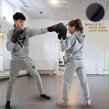 RDX Kids Boxing Pads and Gloves Set, Maya Hide Leather Kara Junior Hook and Jab Curved Focus Mitts Punching Gloves for MMA - color: GOLDEN