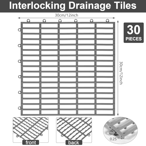 30 Pcs Anti-Slip Drainage Tiles Interlocking Shower Floor Mats 12" x 12" Soft TPE Bathroom Splicing Mats with Drain Holes for Pool, Deck, Garage & Pet Areas(Gray) - color: Grey