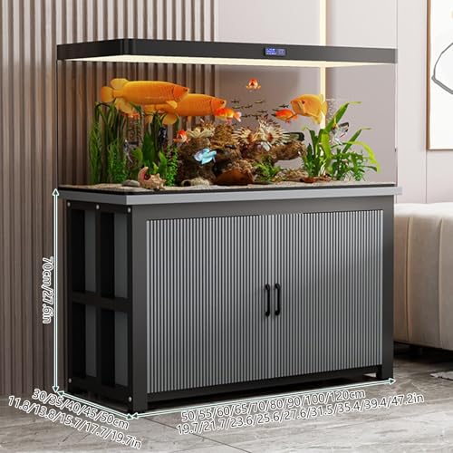 Aquarium Cabinet, Reptile Tank Stand With Storage , Steel Frame Structure, Heavy Load Capacity, For Home Living Room Office(Black+natural,65x45x70cm)