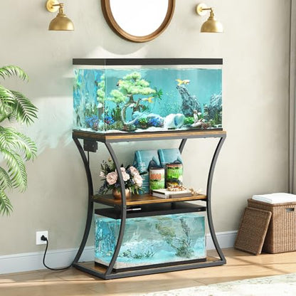 20-29 Gallon Fish Tank Stand with Power Outlet, 3-Tier Aquarium Stand with Storage, Heavy Duty Metal Frame Tank Rack for Home Office, 31.5" L x 15.7" W x 30.4" H, Rustic Brown