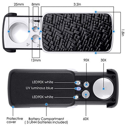 Jewelry Loupe Magnifier with UV LED Light, AFUNTA 30X 60X 90X Slide Out Pocket Magnifying Glass for Jewelry Diamonds Gems Coins Stamps Rocks Watches Hobbies Antiques Models Photos -Black
