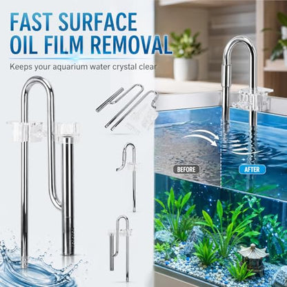 Stainless Steel Lily Pipe Set with Outflow and Inflow, Aquarium Skimmer Filter System including 2 Acrylic Holders Efficient for Removing Scum (New 12MM oil film)