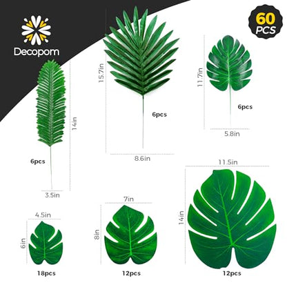 Artificial Palm Leaves 60-108 Pack - 6 Kinds Large Small Green Fake Palm Leaf with Stems for Safari Jungle Hawaiian Luau Party Table Decoration Wedding Birthday - style: 60 Pack
